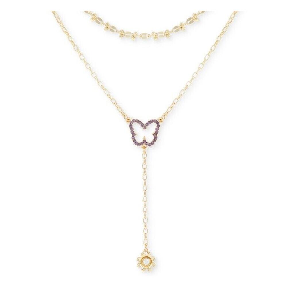 Guess Butterfly Tanzanite Crystal Necklace Layered 2 Piece Set, Gold Tone NEW